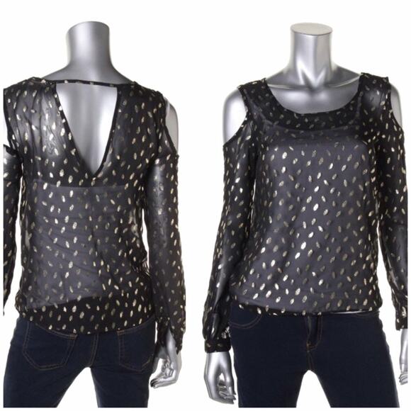 LOVE, FIRE Black Gold Sheer Cold Shoulder Black Blouse Top SMALL Long Sleeve - Picture 1 of 5